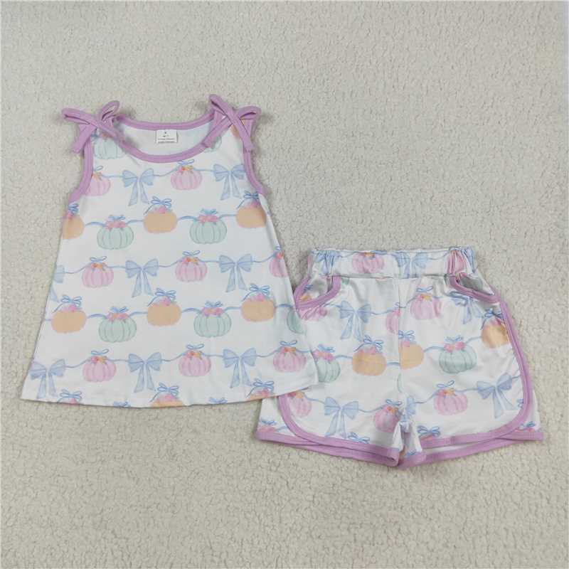 7.25 GSSO2668 Pumpkin bow pattern pink and white sleeveless shorts set