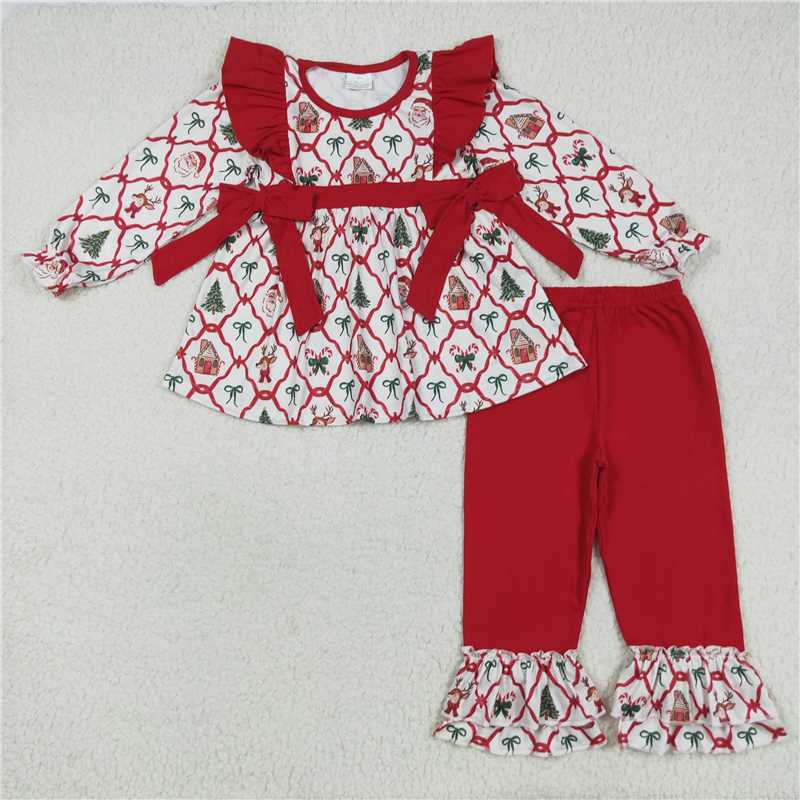 7.26 GLP2525 Christmas bear house bow pattern long sleeve trousers suit