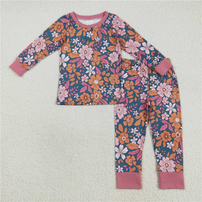 8.7 GLP2385 Pink and green floral and leafy long-sleeved trousers pajama set