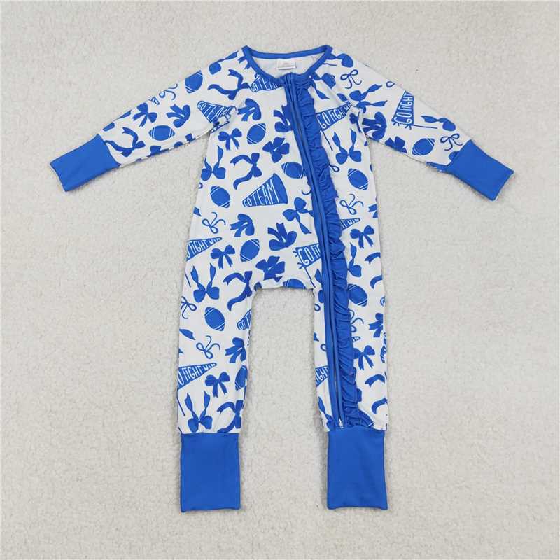 X916 LR2511 Football flared bow pattern blue lace zippered long-sleeved bodysuit