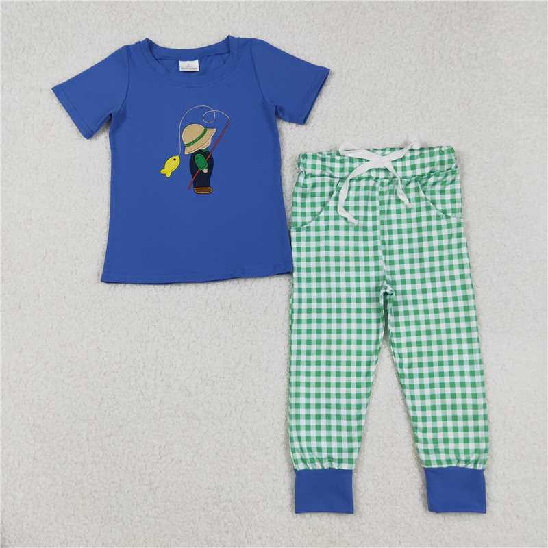 x12.11 BSPO0506 Embroidered Fishing Kids Blue Short-Sleeve Shirt and Green Plaid Pants Set