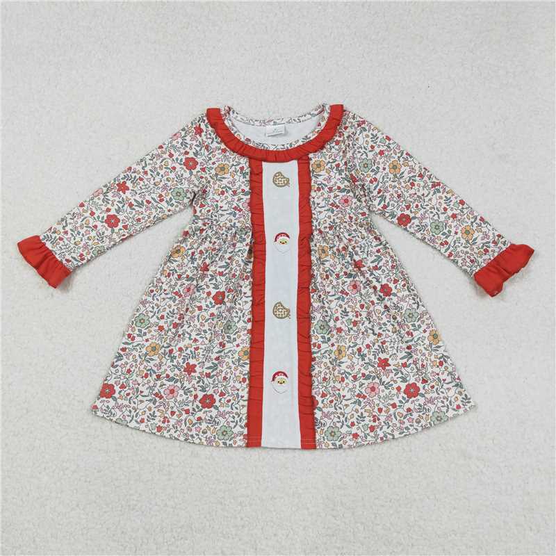 X916 GLD1062 Embroidered Cookie Santa Claus, flowers, leaves, and red lace long-sleeved dress