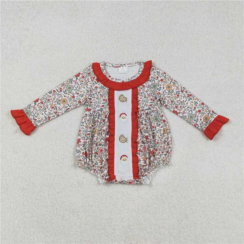X916 LR2232 Embroidered Cookie Santa Claus, flowers, leaves, and red lace long-sleeved bodysuit