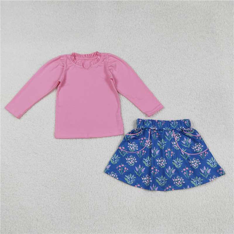 X915 GLD1256 Pink long-sleeved floral blue skirt set