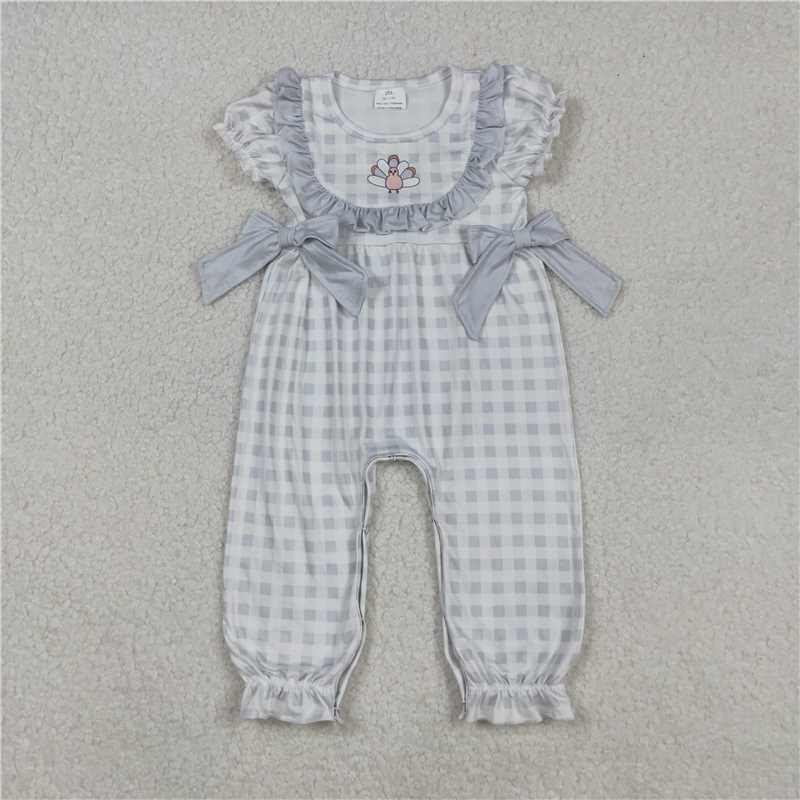 X916 SR1970 Turkey Lace Bow Teal Plaid Short-Sleeved Bodysuit