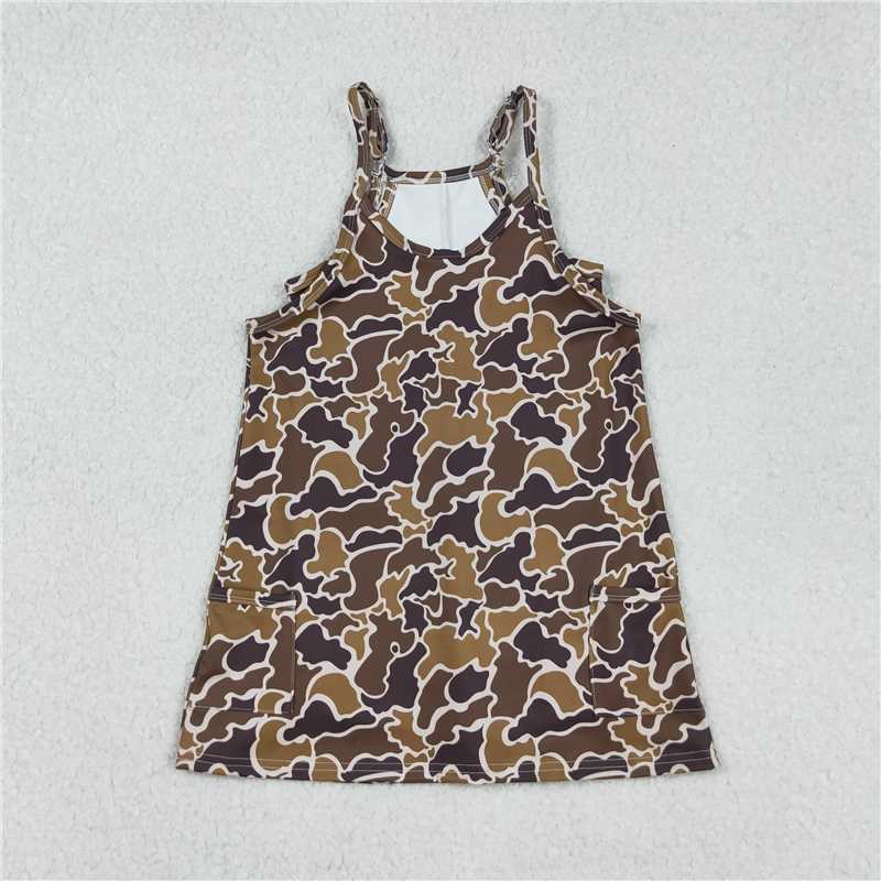 X915 GSD2722 Yellow-brown camouflage pocket yoga slip dress