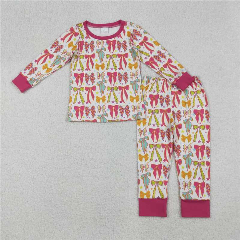 X915 GLP2615 Rose red long-sleeved and long-pants pajama set with bow pattern and stars