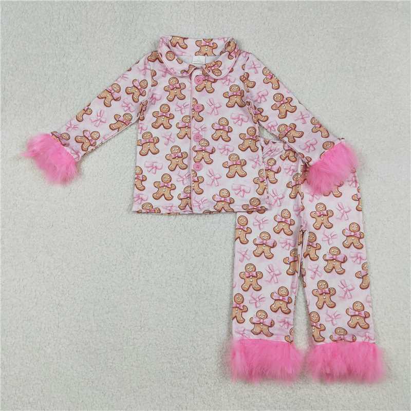 X916 GLP2374 Gingerbread Man Pink Bow Pattern Long-Sleeved Pants Pajama Set with Plush Trim