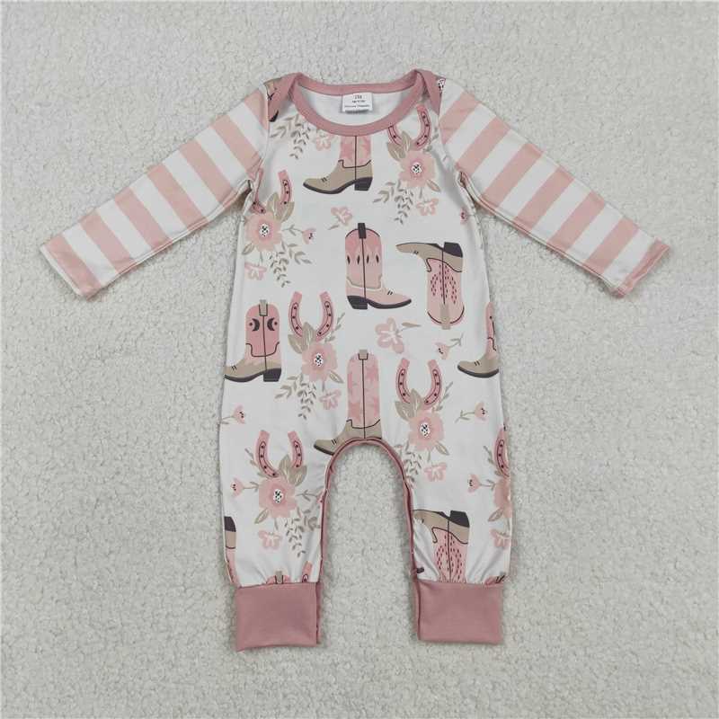 LR2976 Pink Striped Long-Sleeved Jumpsuit with Boots and Flowers