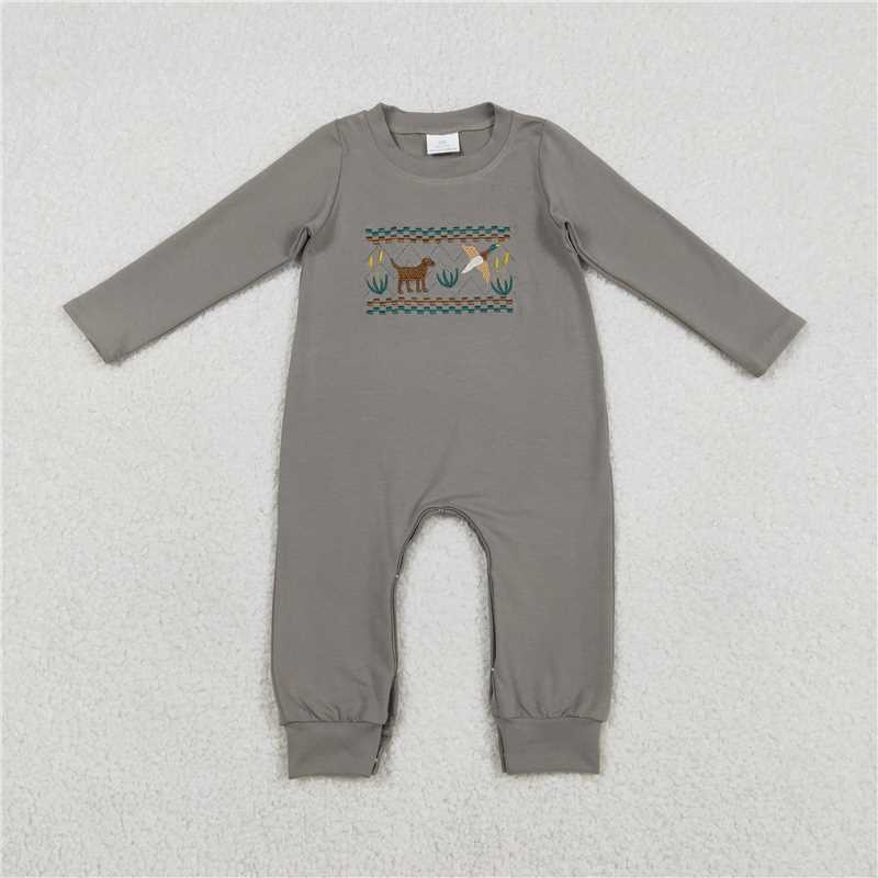 X1.5 LR2909 Embroidered Puppy and Duck Gray-Green Long-Sleeved Jumpsuit