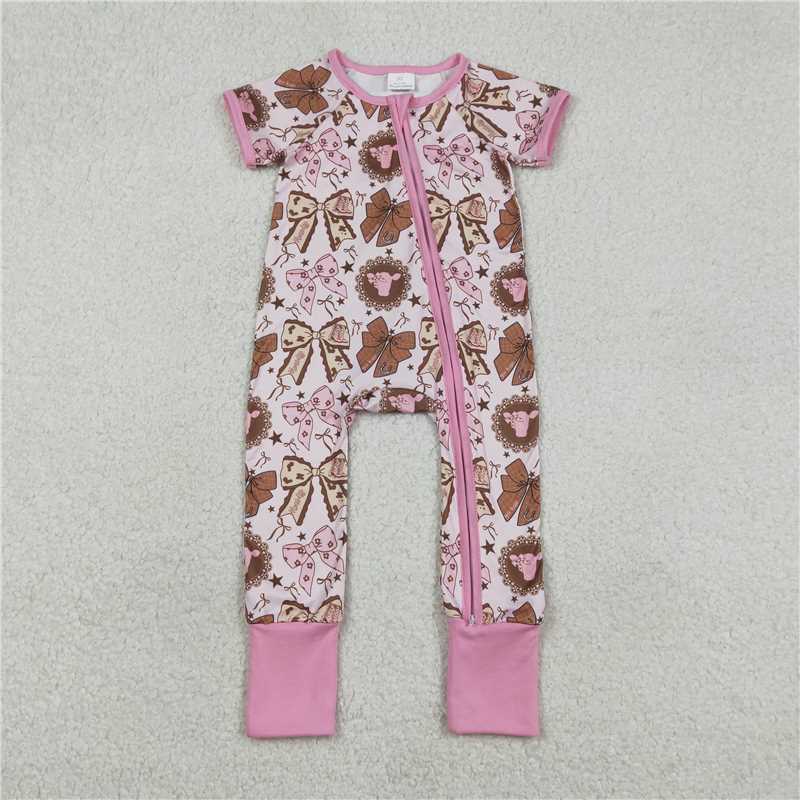 X1.9 SR3763 Pink Zipper Short-Sleeve Jumpsuit with Bull Head, Star, and Bow Pattern