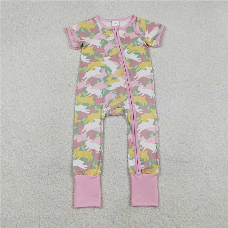 X1.9 SR3715 Rabbit Camouflage Pink Zipper Short-Sleeve Jumpsuit