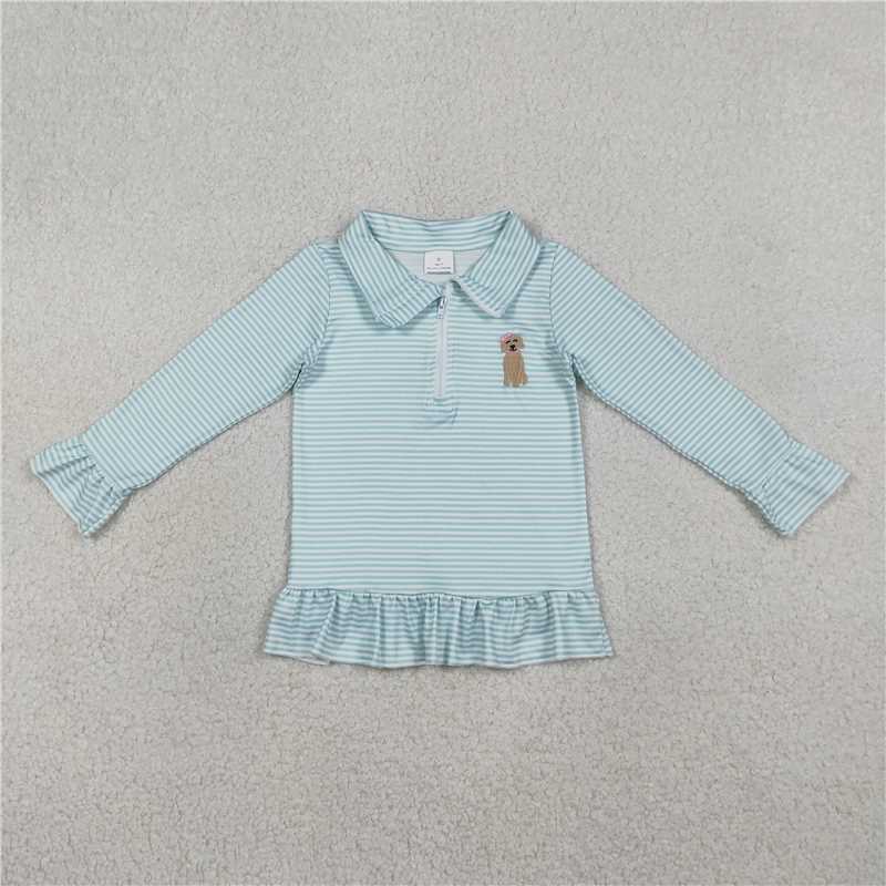 GT1543 Embroidered Bow Pattern Puppy Blue-Green Striped Zipper Long-Sleeve Top