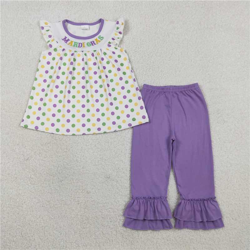 X1.17 GSPO2205 Embroidered Mardi Gras Polka Dot White Flutter Sleeve Purple Trouser Suit