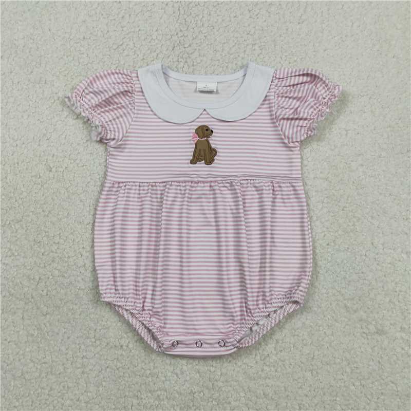 SR3476 Embroidered Puppy Collar Pink Striped Short-Sleeve Jumpsuit