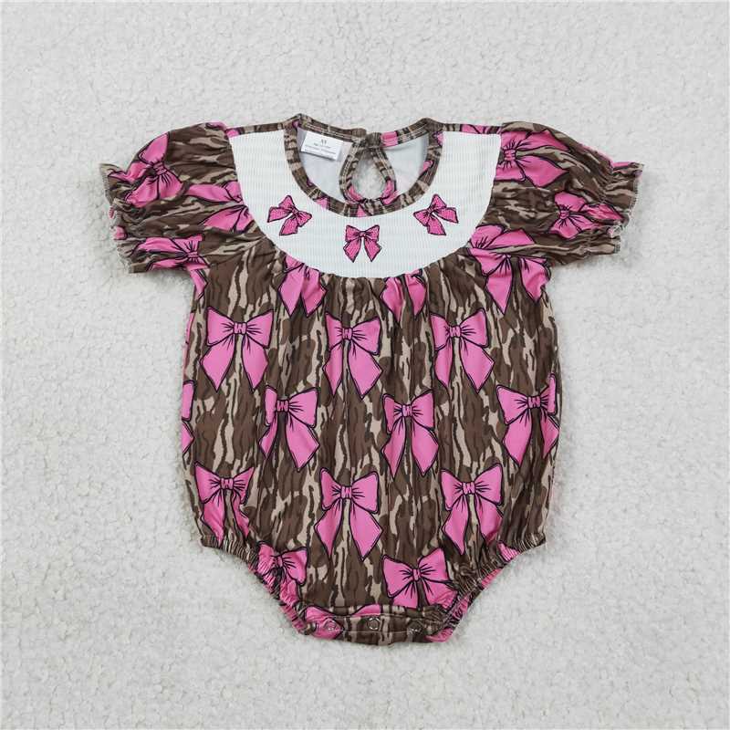 SR3827 Embroidered Rose Red Bow Pattern Military Green Camouflage Short-Sleeved Jumpsuit