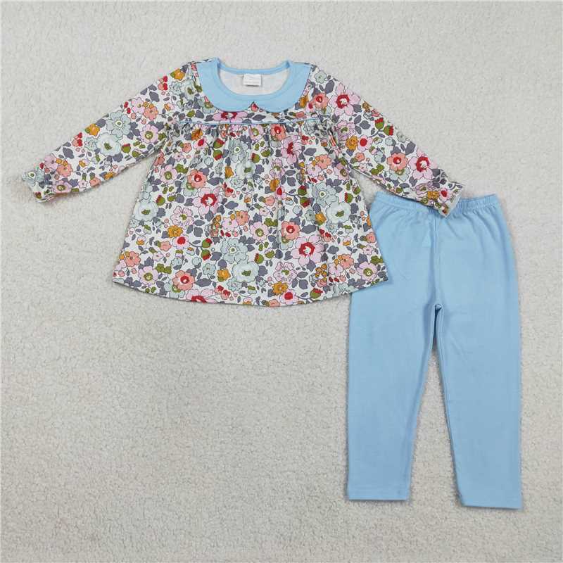 GLP3168 Floral Print Blue Peter Pan Collar Long-Sleeved Trousers Set