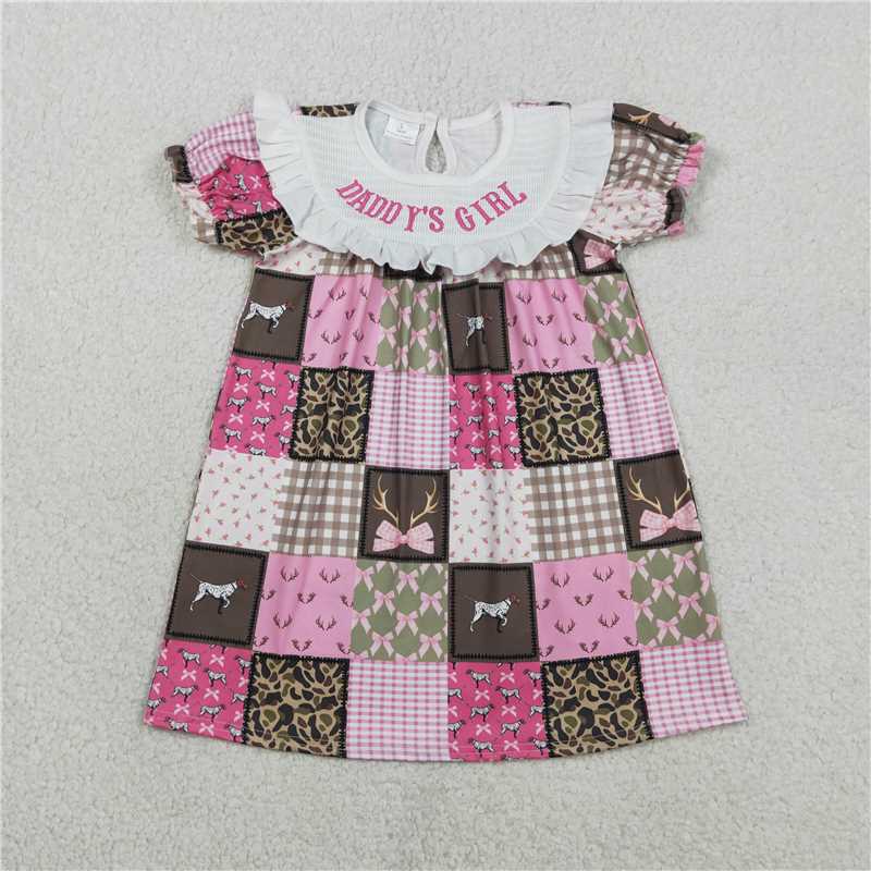 GSD3484 Embroidered Daddy's Girl Camouflage Patchwork Plaid Pink Short-Sleeve Dress