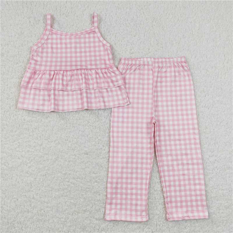GSPO1380 Pink and white plaid lace suspender trousers suit