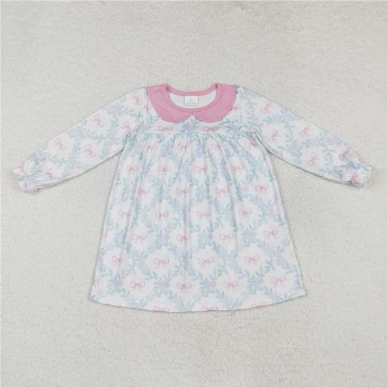 GLD0854 Bow pattern flower leaf pink doll collar white long sleeve dress