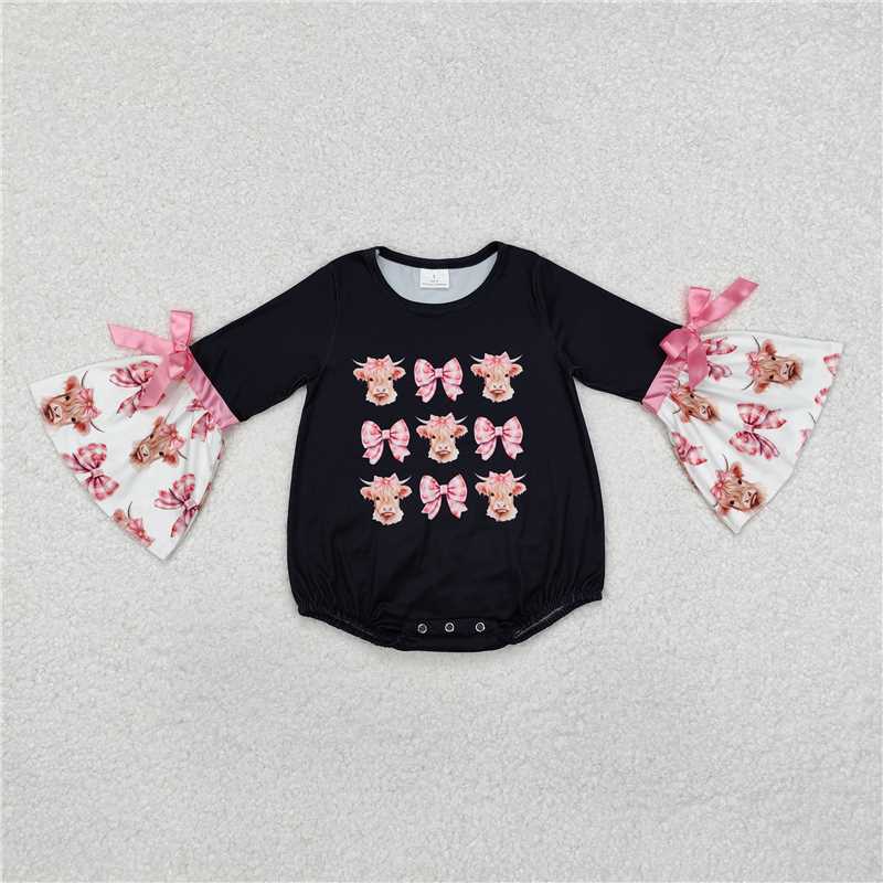 LR1871 Pink plaid bow bull head black long-sleeved jumpsuit