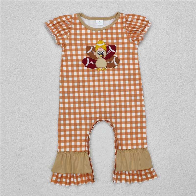 4.23SR1886 Embroidered Turkey Khaki Lace Plaid Short Sleeve Bodysuit