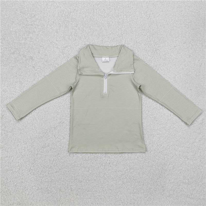 X1.1 BT1005 Green Striped Zipper Long-Sleeve Top