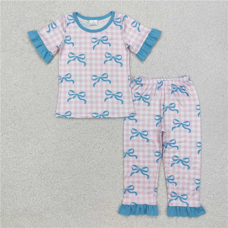 GSPO1736 Bow pattern blue lace pink plaid short-sleeved long pants pajama set