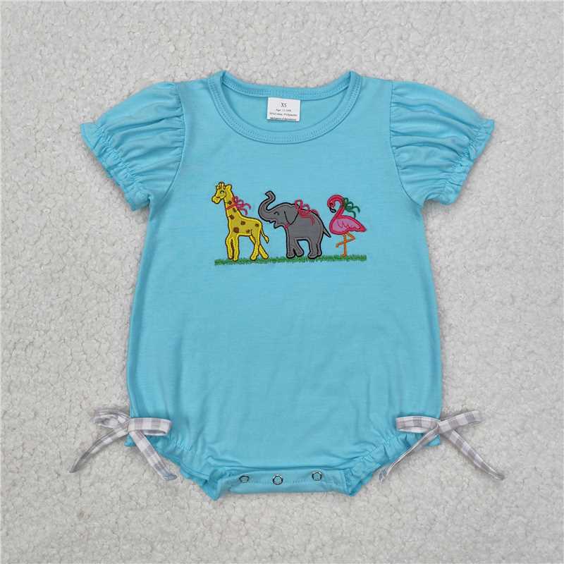 4.23SR2124 Embroidery Girls Giraffe Elephant Bird Animal Blue Short Sleeve Bodysuit