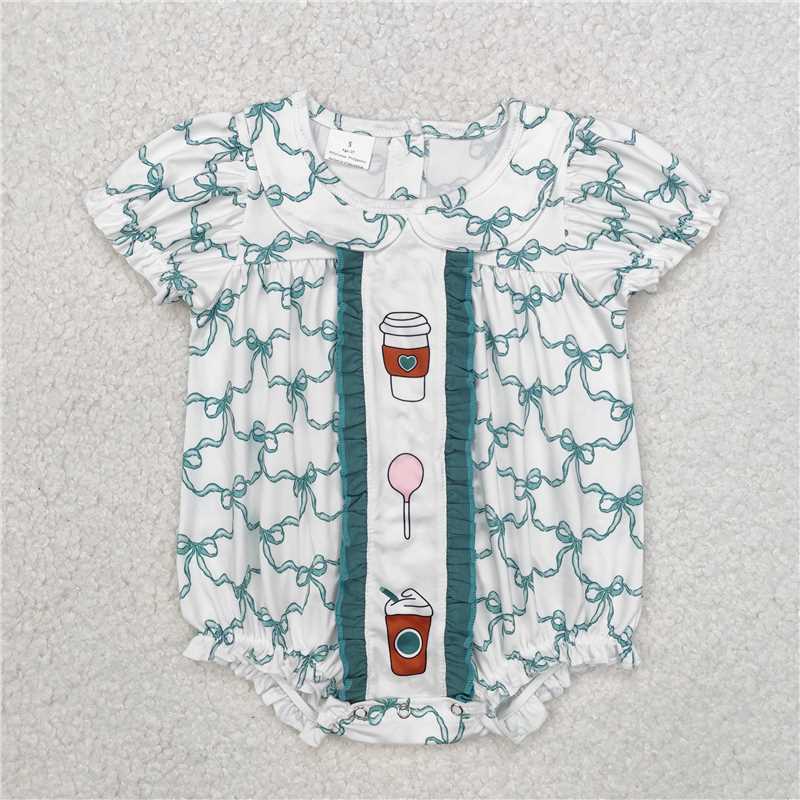 4.23SR2281 Starbucks cup green bow pattern baby collar short-sleeved jumpsuit