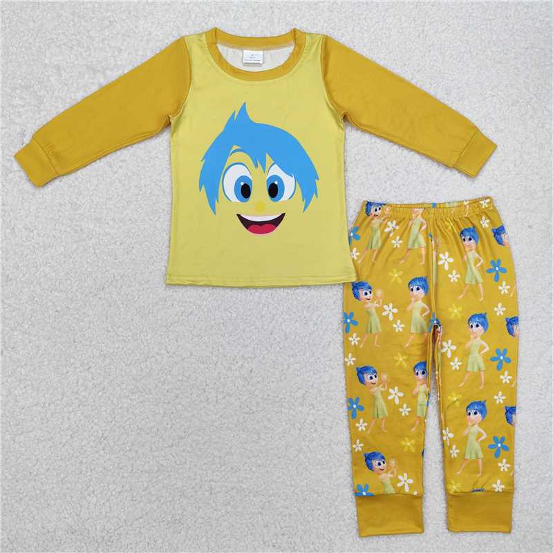 4.22GLP2240 Cartoon expression flower yellow long-sleeved trousers pajamas set