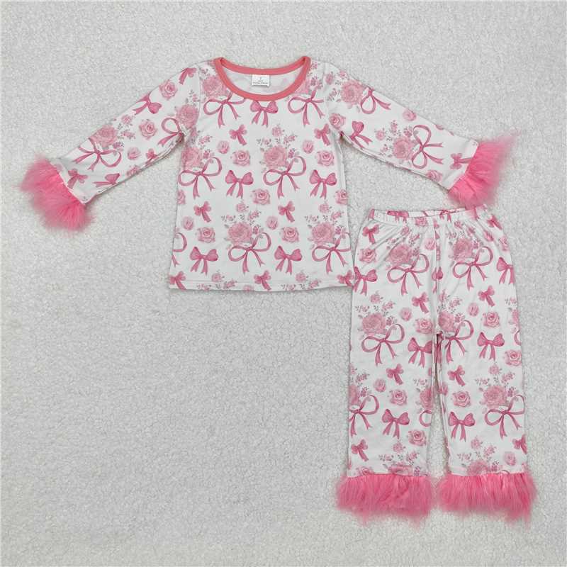 4.22GLP2215 Beige long-sleeved trousers pajama set with flower and bow pattern and pink plush trim