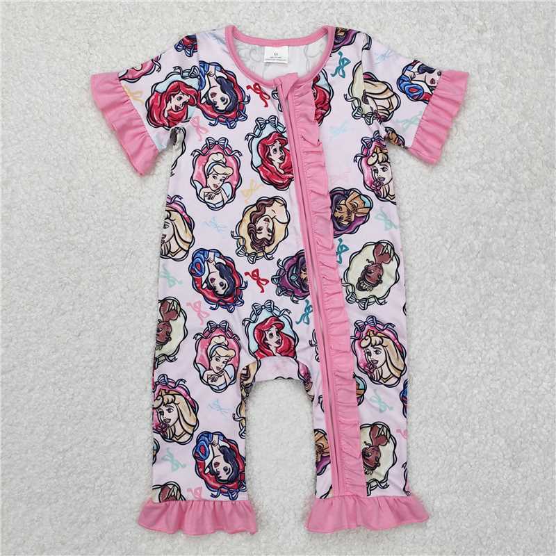 4.22SR2309 Disney Princess colorful bow pattern pink lace zipper short-sleeved jumpsuit