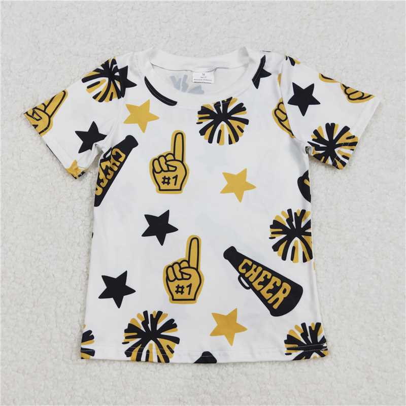 3.4GT0939 Cheer black and gold fireworks stars white short-sleeved top