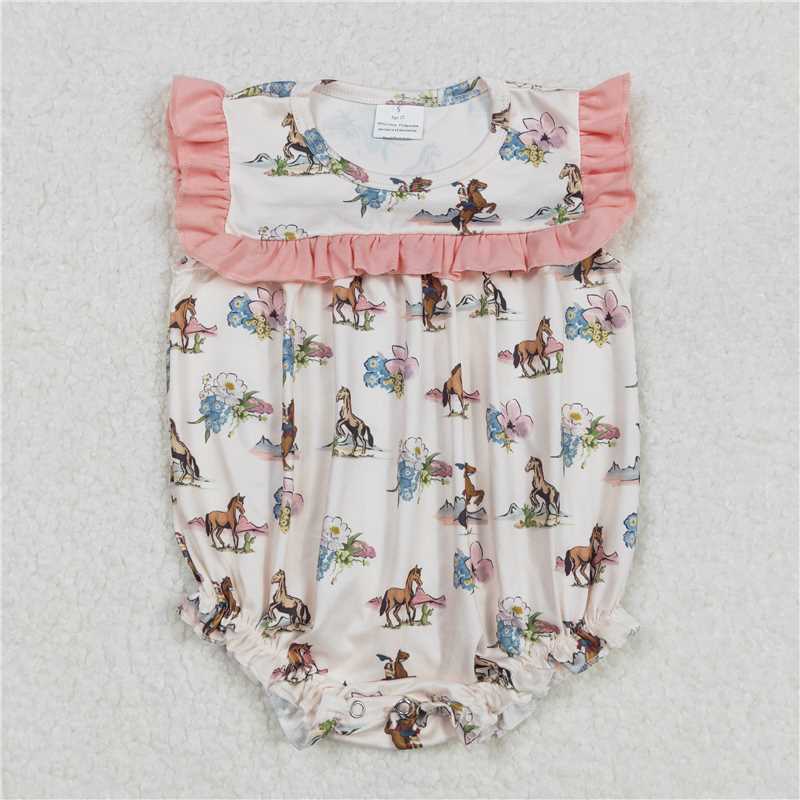3.4 SR2690 Girls cowboy horse flower pattern pink lace beige vest jumpsuit 7