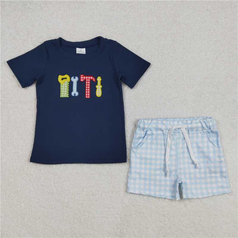 3.5 BSSO1118 Embroidery wrench hammer tool blue short-sleeved plaid shorts suit