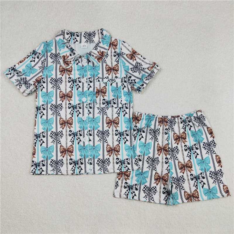 4.9 GSSO1856 Adult female striped leopard checkered bow pattern blue and white short-sleeved shorts pajamas set