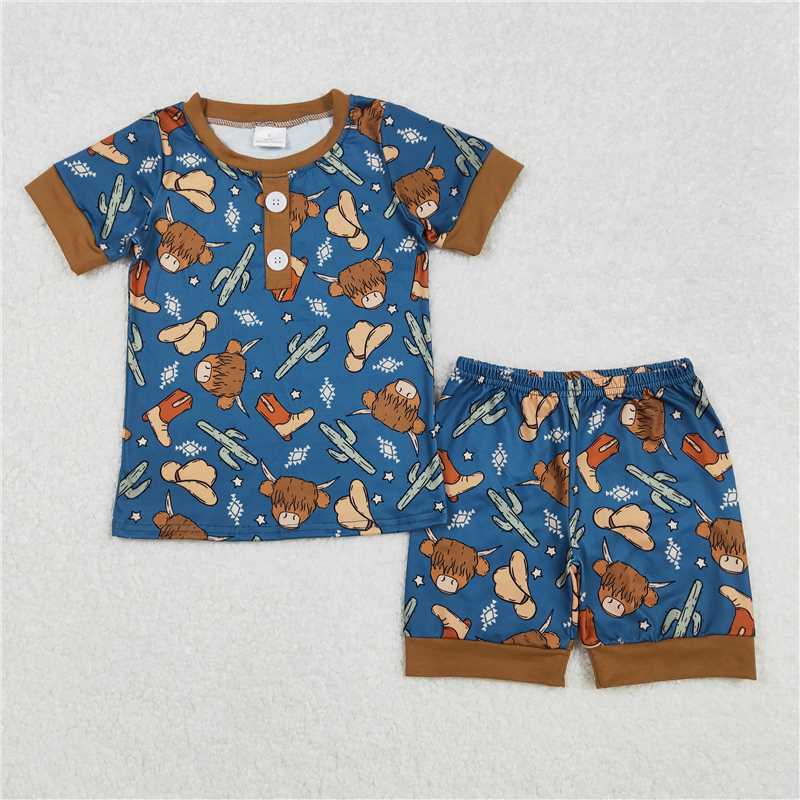 3.5BSSO1232 Alpine Bull Head Cactus Boots Geometric Brown Blue Short Sleeve Shorts Pajama Set