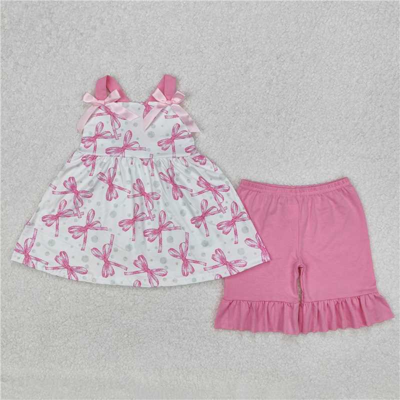 3.5 GSSO2075 Pink bow bubble pattern white suspender lace shorts set