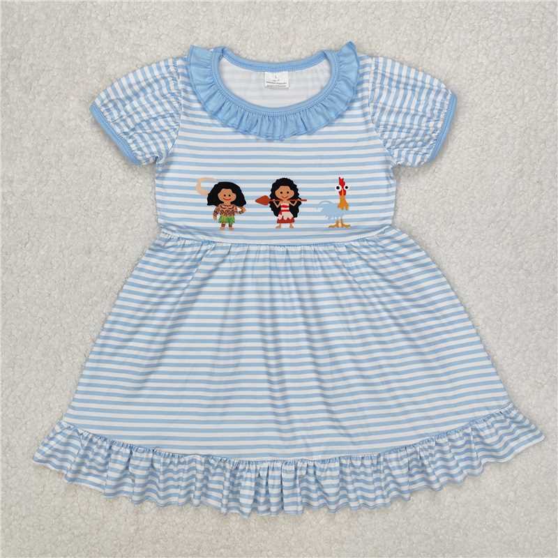 3.4GSD1582 Cartoon girl chick striped blue lace short-sleeved dress