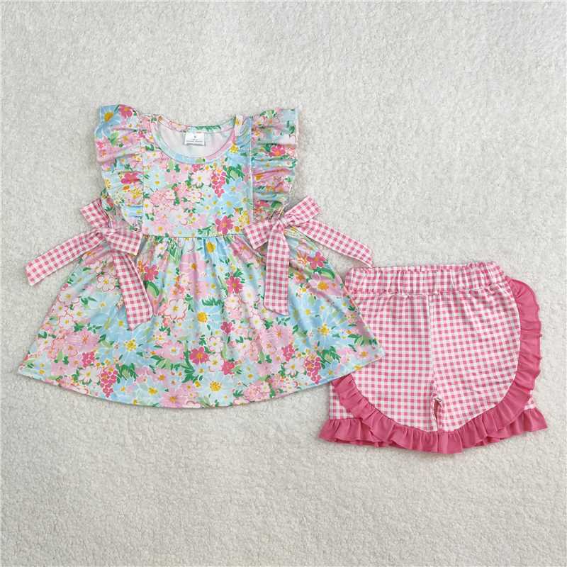 3.5 GSSO2111 Floral pink plaid bow lace sleeve shorts set