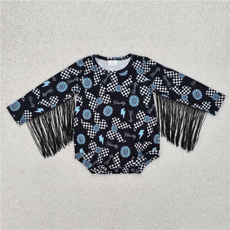 3.11 SR2552 Howdy jewel check bow pattern tassel black short-sleeved jumpsuit