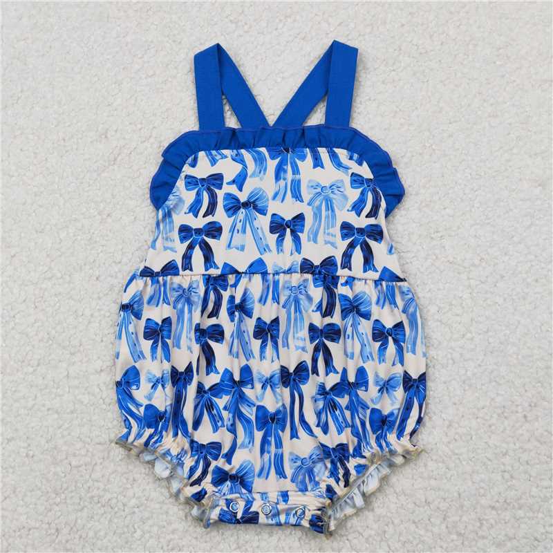 4.7 SR2919 Beige vest bodysuit with blue bow pattern and lace