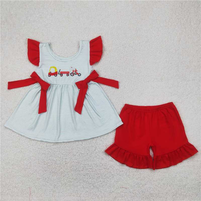 4.11 GSSO2317 Embroidered Baseball Glove Blue Stripe Flying Sleeve Red Shorts Set