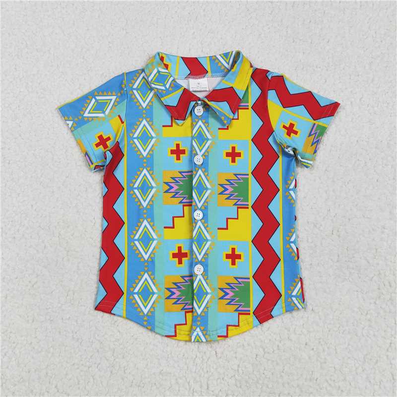 5.7 BT1225 Geometric blue button-down short-sleeved top