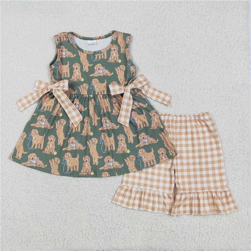 5.10 GSSO2449 Puppy Brown Plaid Lace Bowknot Green Sleeveless Shorts Set
