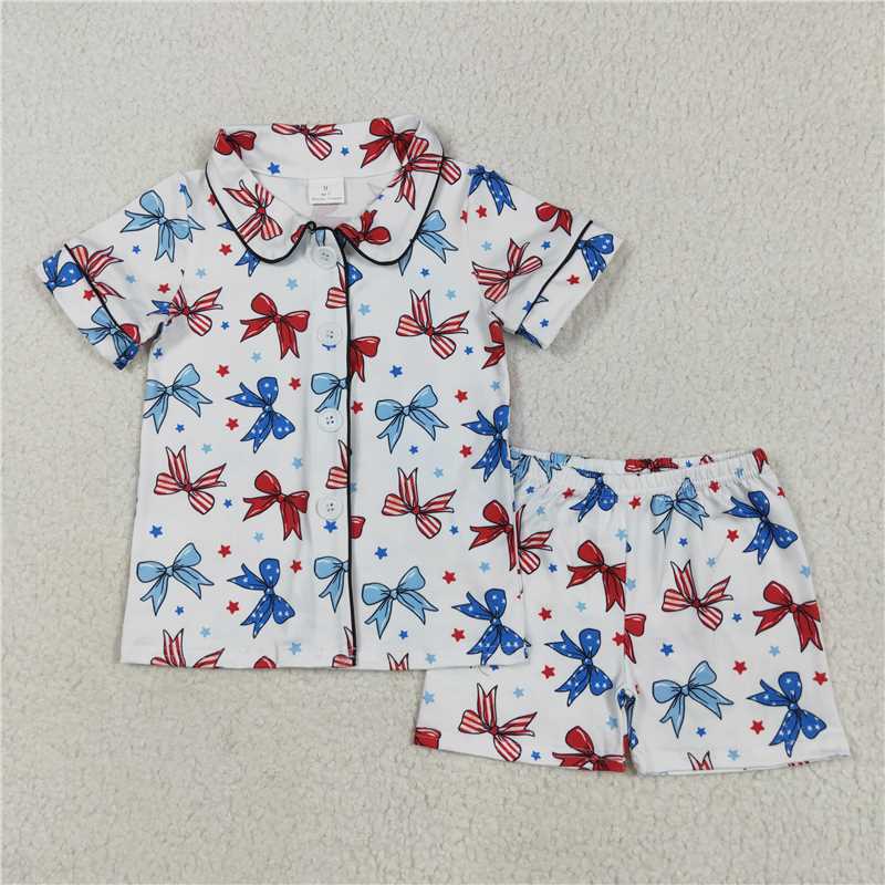 5.19 GSSO2484 National Day bow pattern star white short-sleeved shorts pajamas set
