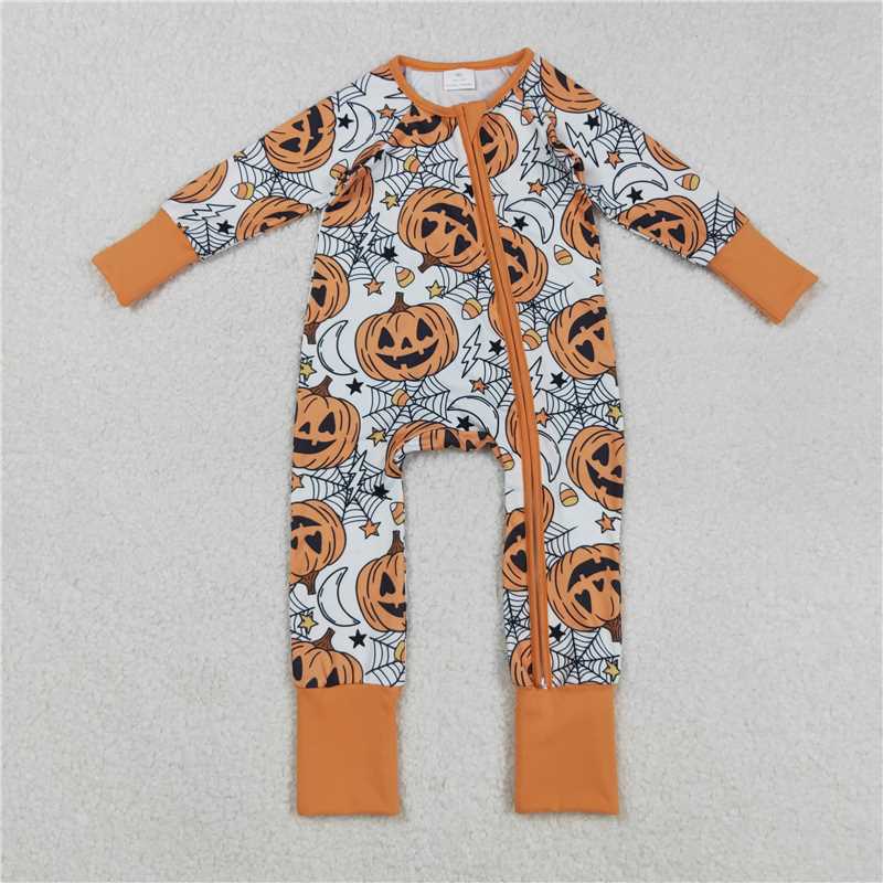 X830 LR2528 Halloween Smiley Pumpkin Star Spider Web Candy Zipper Long Sleeve Bodysuit