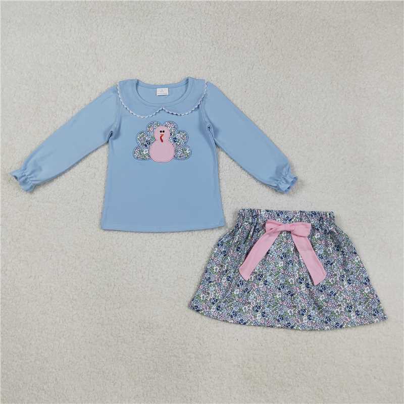 X915 GLD0849 Embroidered Floral Turkey Blue Doll Collar Long-Sleeved Skirt Set