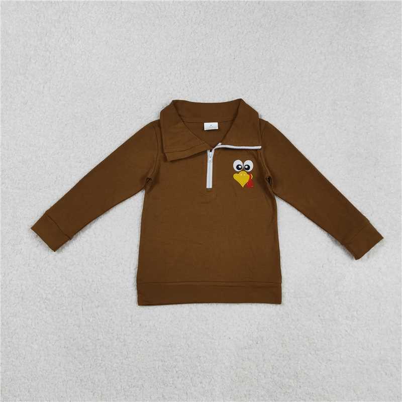 X901 BT1265 Embroidered turkey brown zip-up long-sleeved top
